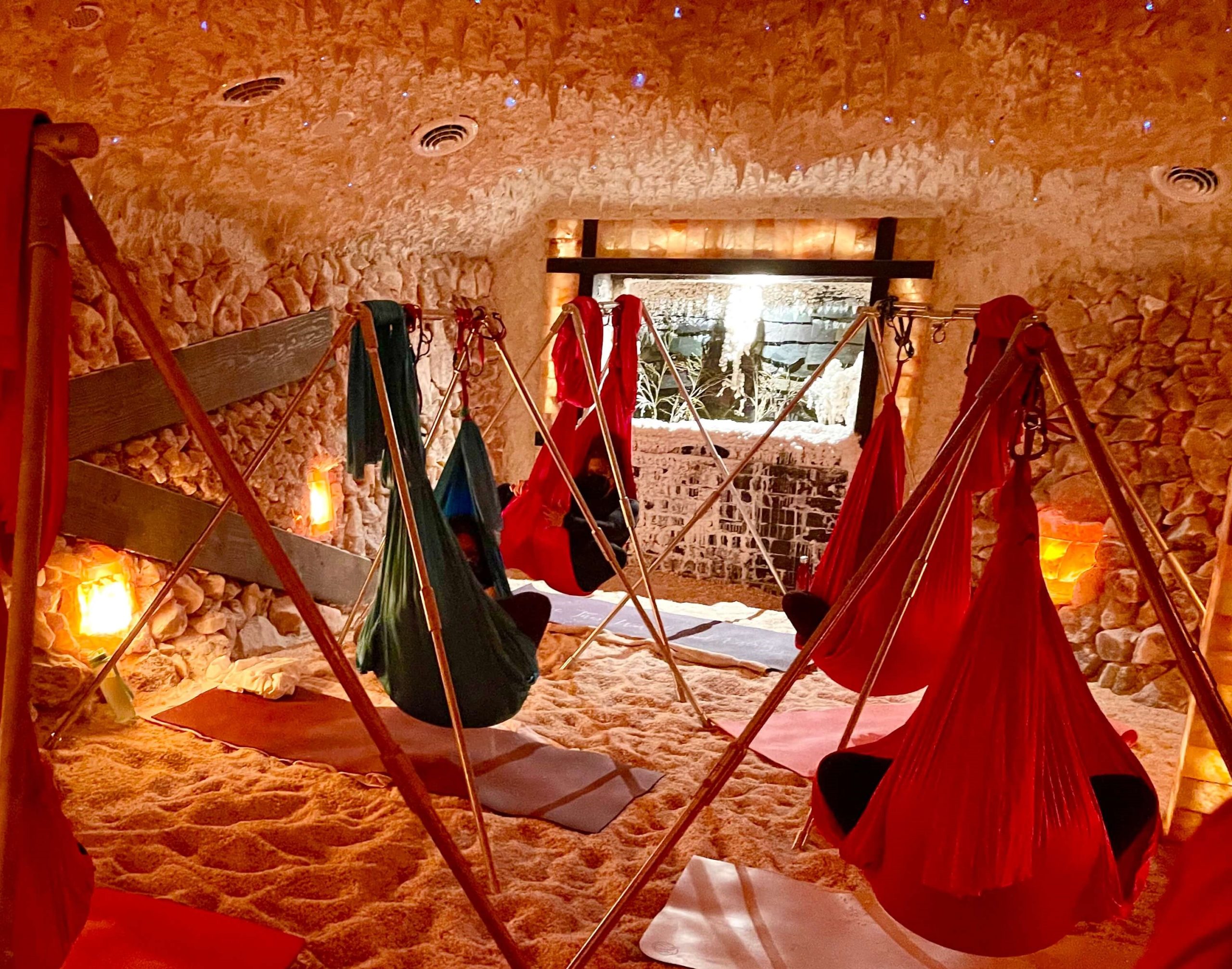 aerial yoga salt therapy relaxation stretching relieve lower back pain